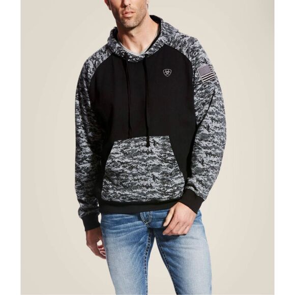 Ariat Pullover Mens XXL Hoodie Digital Camo Black Gray Patriot USA Flag Work Top - Picture 1 of 9